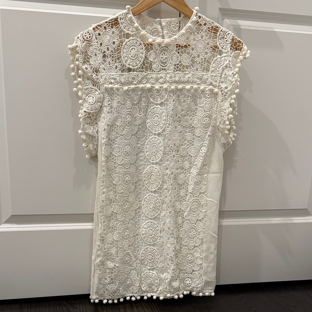 Tularosa Elba Lace Crochet Pom Pom Trim Mini Dress Size XS